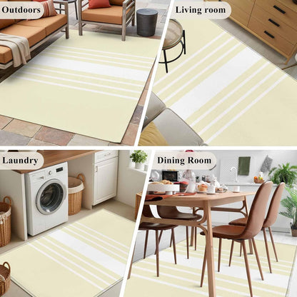 4x6 Abstract White Striped Area Rug for Bedroom Small Living Room, Washable Low Pile Non Slip Rug Modern Simple Yellow Background