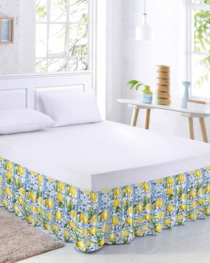 Yellow Lemon Bed Skirt Queen Size 16 Inch Drop, Adjustable Elastic Wrap Around Bed Skirts Easy Fitting Dust Ruffle Bedskirt Bed Frame Cover Botanical Spring Leaves Abstract Blue Tile