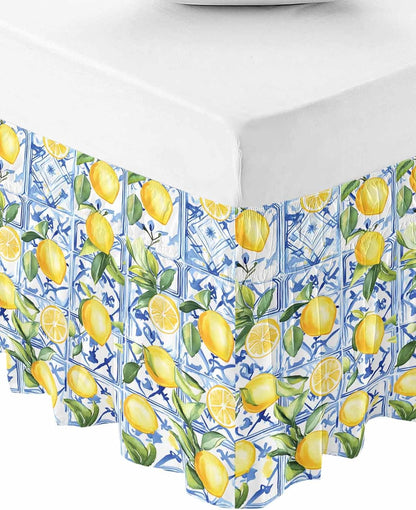 Yellow Lemon Bed Skirt Queen Size 16 Inch Drop, Adjustable Elastic Wrap Around Bed Skirts Easy Fitting Dust Ruffle Bedskirt Bed Frame Cover Botanical Spring Leaves Abstract Blue Tile
