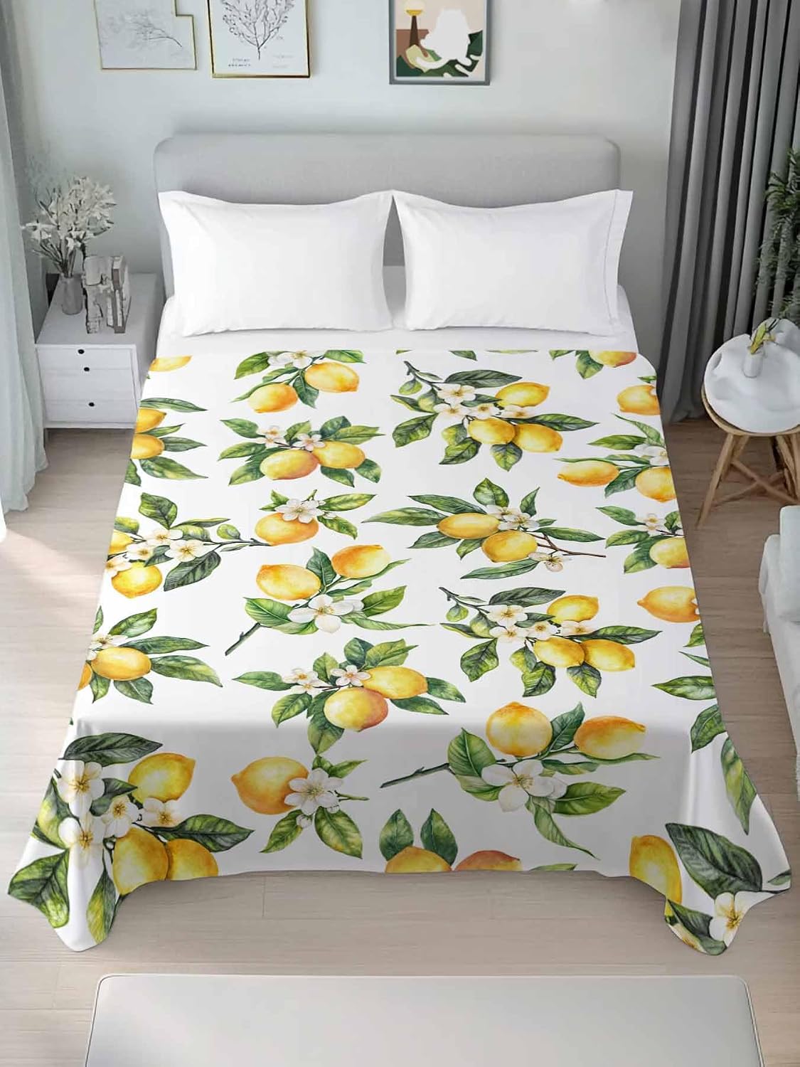 Twin Flat Sheet Only,Yellow Lemon Summer Green Leaves Top Sheet Breathable Soft Brushed Polyester Microfiber Bed Sheets,Blossom Floral Seamless Hotel Luxury Bedding Sheets for Women,Men,Teens