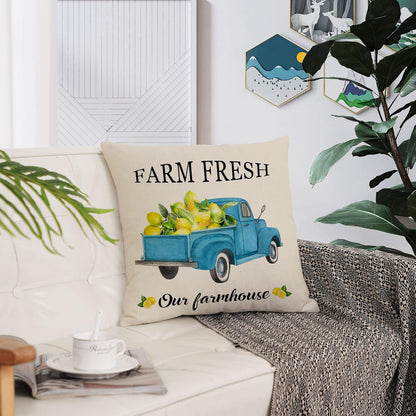 Set Of 4 Summer Throw Pillow Covers 16 By 16 Inch Yellow Fruit Farmhouse Decorative Lemon Truck Bicycle Pillowcase Square Cotton Linen Cushion Covers For Summer Home Decor