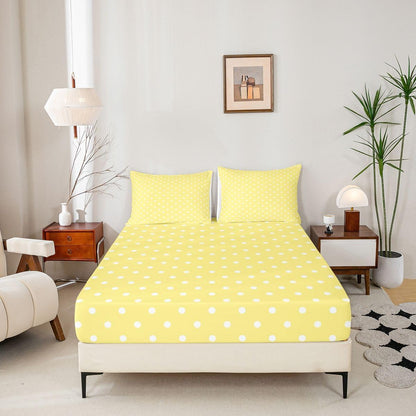 Lemon Yellow Polka Dot Bed Sheet Set Full Size Cute Polka Dot Bedding Sheets Simple Fashion Bedding Fitted Sheet Kawaii Style Bed Cover,1 Fitted Sheet+2 Pillow Sham（No Flat Sheet）