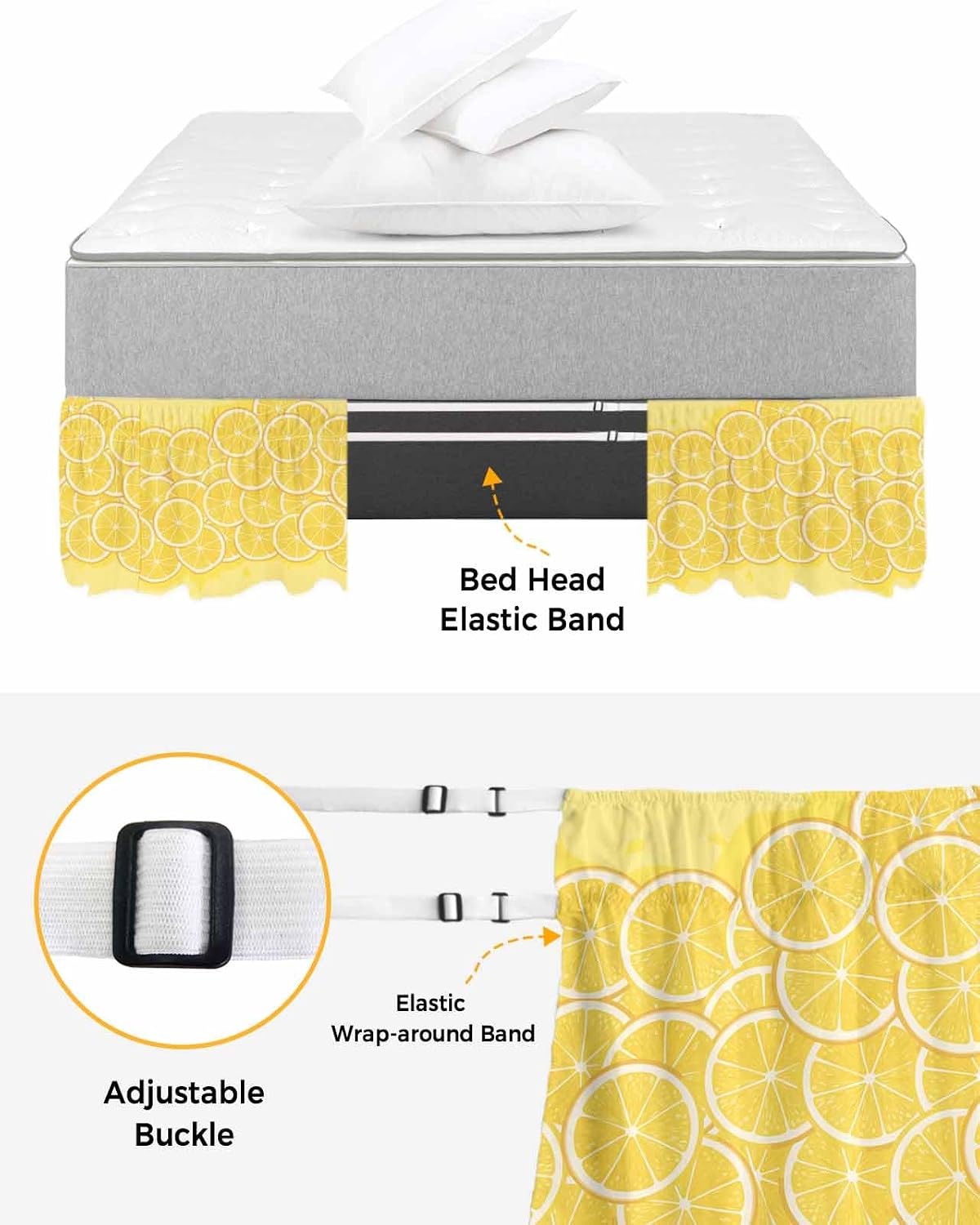 Yellow Lemon Bed Skirt Queen Size 16 Inch Drop, Adjustable Elastic Wrap Around Bed Skirts Easy Fitting Dust Ruffle Bedskirt Bed Frame Cover Summer Botanical Watercolor Modern Art