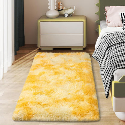 Soft Runner Rugs for Bedroom Hallways, 2x4 Tie-Dyed Yellow Fluffy Shag Throw Area Rug Non Slip for Bedside Dorm, Long Shaggy Furry Carpet for Nursery Living Room