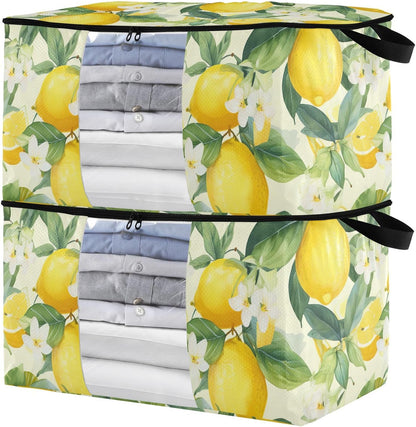 Floral Lemons Flowers Yellow Clothes Storage Bag Bins 2 Pack Foldable Storage Containers Large Closet Organizer with Zipper Storage Cubes for Bed Sheets Comforters Clothing 60L