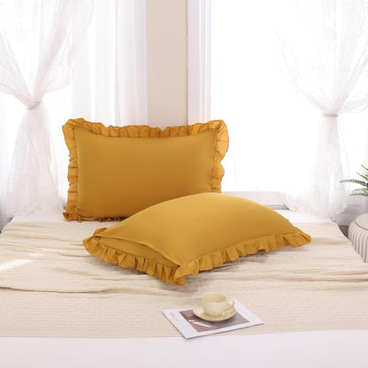 Mustard Yellow Pillowcases QueenPillowcases Set of 2 Ruffle Pillow Shams Cute Pillow Covers Solid Ruffled Fringe Design Yellow Shabby Chic Pillowcases 2 Pack