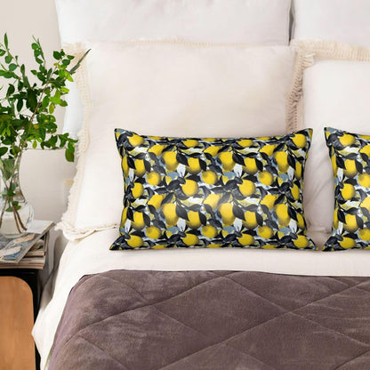 Yellow Lemon Black Leaves Print Satin Pillowcase for Hair and Skin, 20x30 Inches Pillow Cases, Queen Size Pillowcases with Zipper, Similar to Silk Pillow Covers