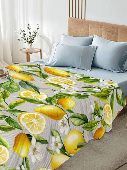 Twin Flat Sheet Only,Summer Lemon Flower Leaf Top Sheet Breathable Soft Brushed Polyester Microfiber Bed Sheets,Country Yellow Fruit Floral Plant Hotel Luxury Bedding Sheets for Women,Men,Teens