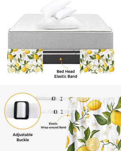 Yellow Lemon Bed Skirt Queen Size 16 Inch Drop, Adjustable Elastic Wrap Around Bed Skirts Easy Fitting Dust Ruffle Bedskirt Bed Frame Cover White Flowers Elegant Country Plants