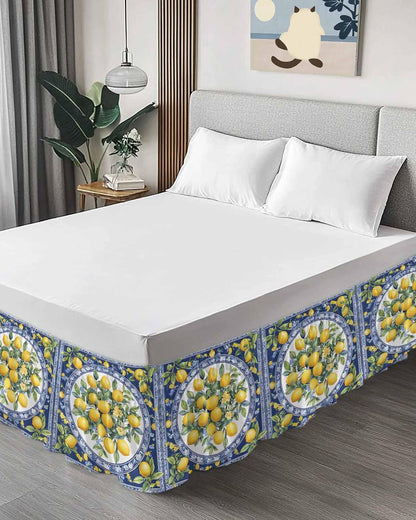 Bed Skirt Yellow Lemons Leaves Summer Blue Texture Ruffle Bed Skirt Wrap Around Bed Skirts for Queen Beds 16" Drop,Adjustable Elastic Dust Ruffles Easy Fit and Wrinkle-Free