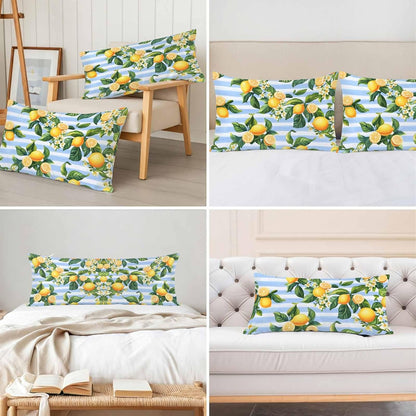 Pastoral Lemon Standard Pillowcase Set of 2, Yellow Blue Flowers Stripes Satin Pillow Case Cover with Smooth Hidden Zipper Closure, Soft Throw Pillow Covers Cases for Home Decoration 20 X 26 Inches