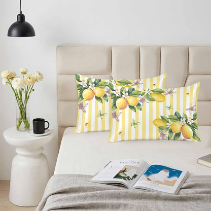 Lemon Standard Pillowcase Set of 2, Butterfly Flower Yellow Stripes Satin Pillow Case Cover with Smooth Hidden Zipper Closure, Soft Throw Pillow Covers Cases for Home Decoration 20 X 26 Inches