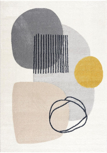 Rugs Cream and Gray 6 ft. X 9 ft. Mid-Century Rug with Circles and Lines. Neutral Tones of Cream, Gray and a pop of Yellow. Minimalistic Design Turkish Stain Resistant Area Rug.
